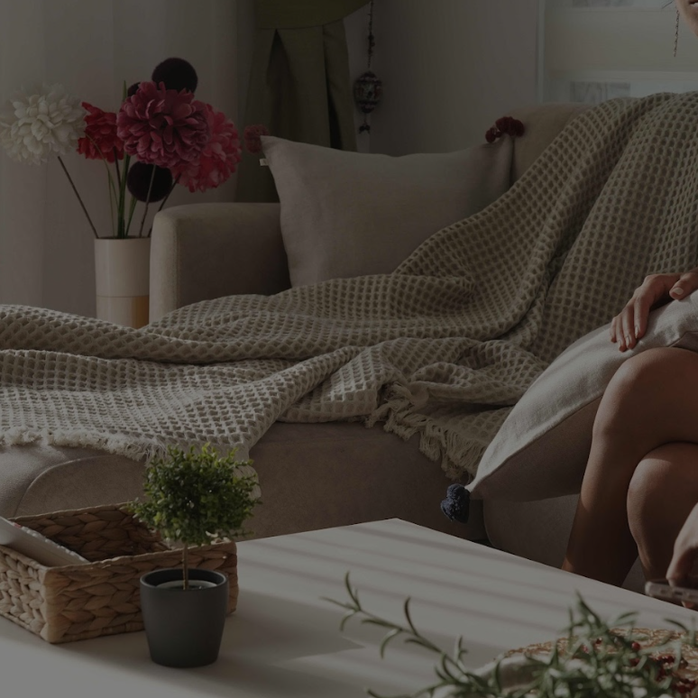 Minoa - USA Canada - Sustainable Luxury - Waffle Throw on Sofa