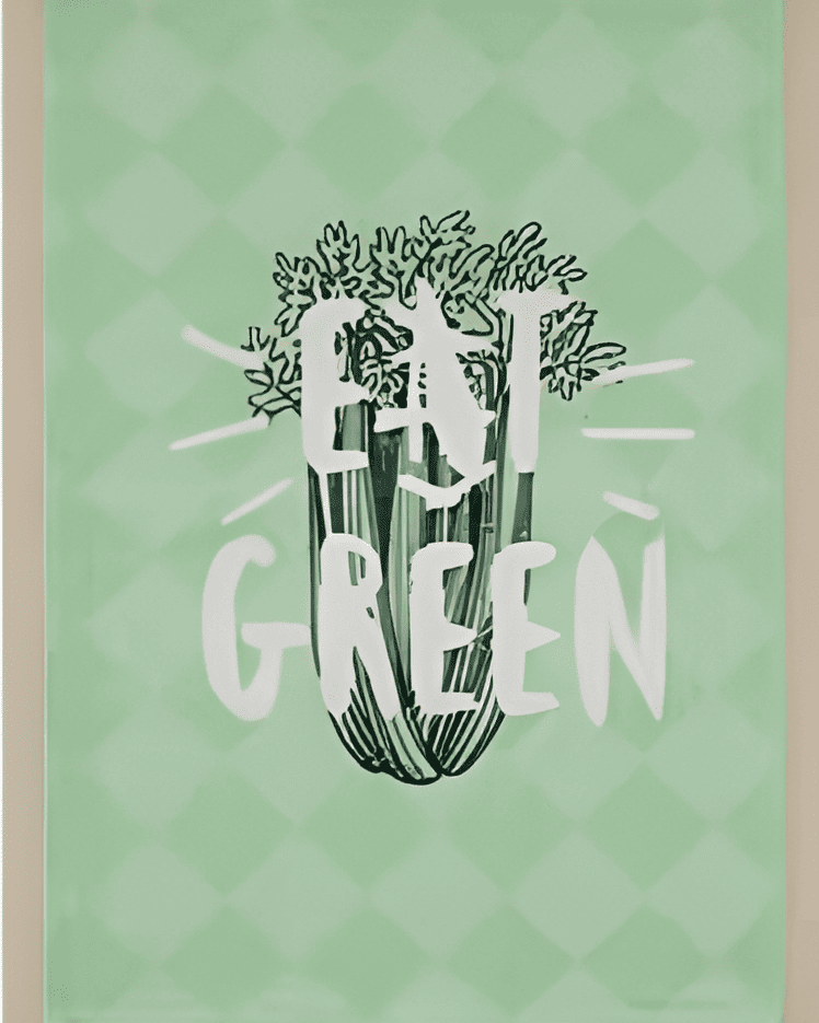 Green kitchen towel with wellness-inspired digital prints, combining calming tones with soft, absorbent cotton fabric