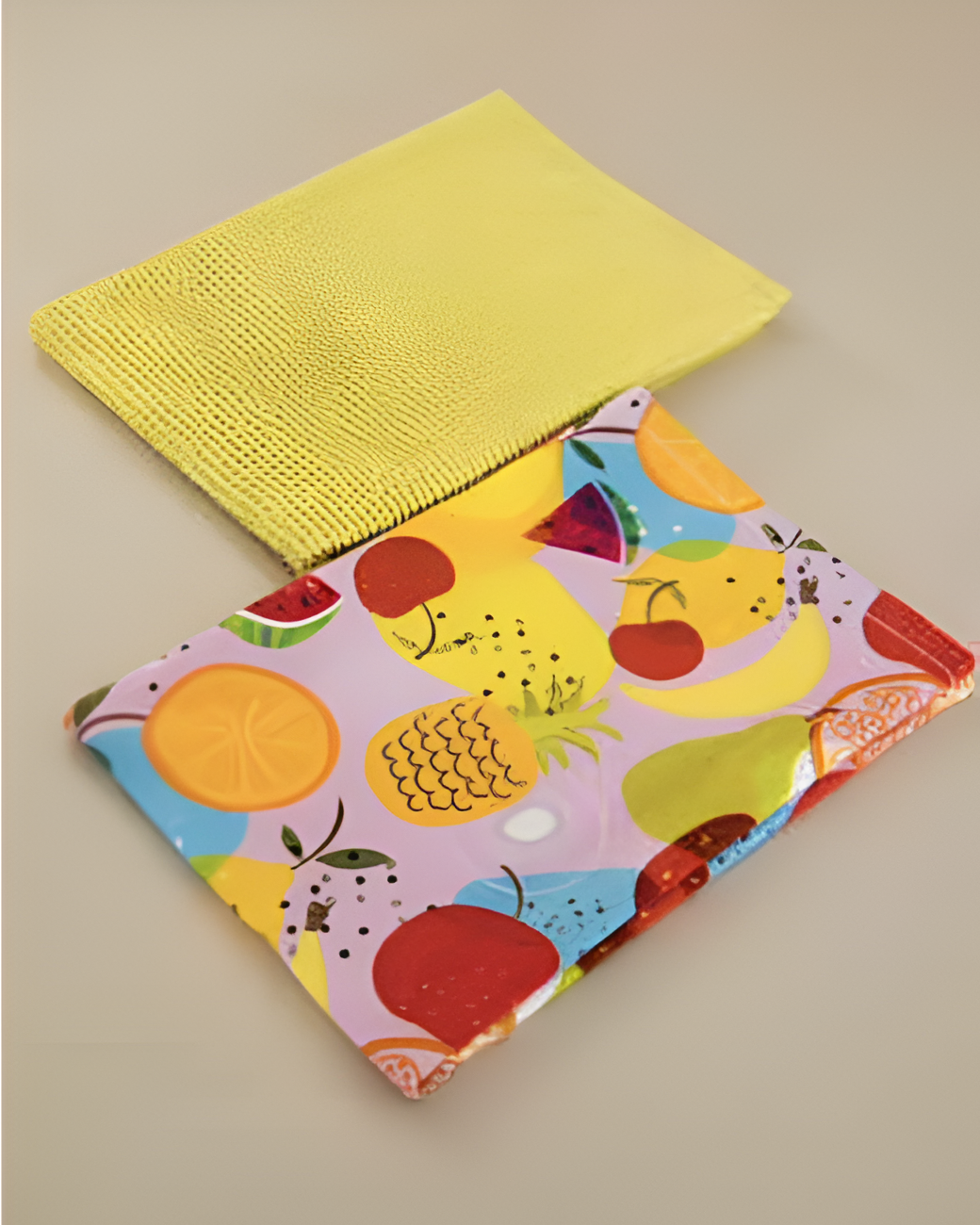 Colourful fruit-patterned kitchen towel with a yellow textured item on a beige background