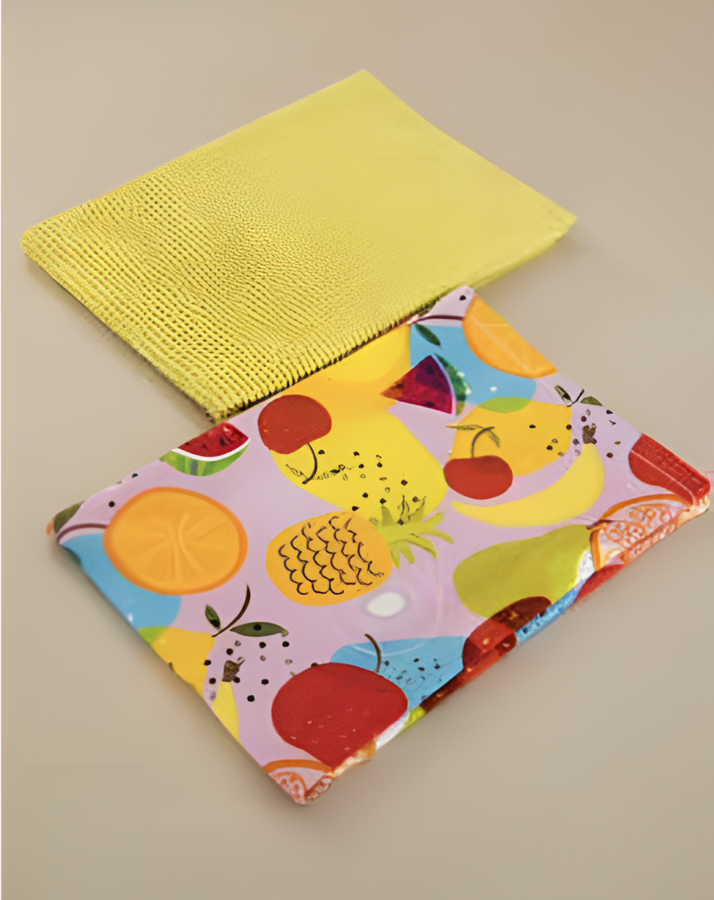 Colourful fruit-patterned kitchen towel with a yellow textured item on a beige background