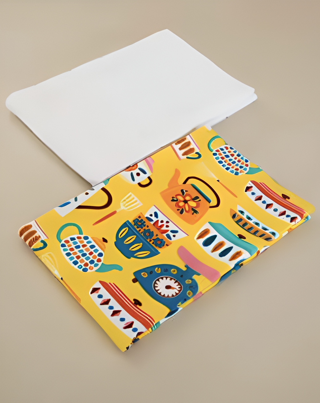 Colourful patterned kitchen towels with cartoonish pot designs on a beige background