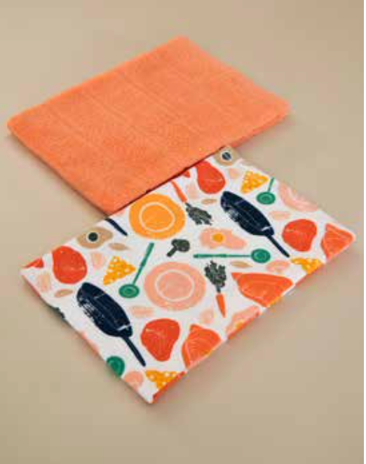 Set of 2 cotton kitchen towels with illustrated frying pan and cooking utensil designs, combining function with fun