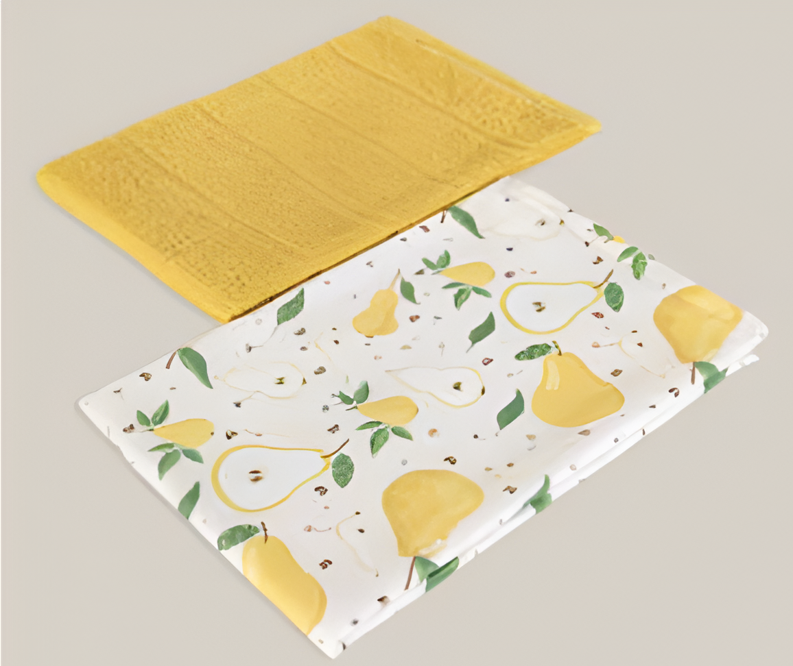 Two kitchen towels on a neutral background, one yellow and one with pear pattern