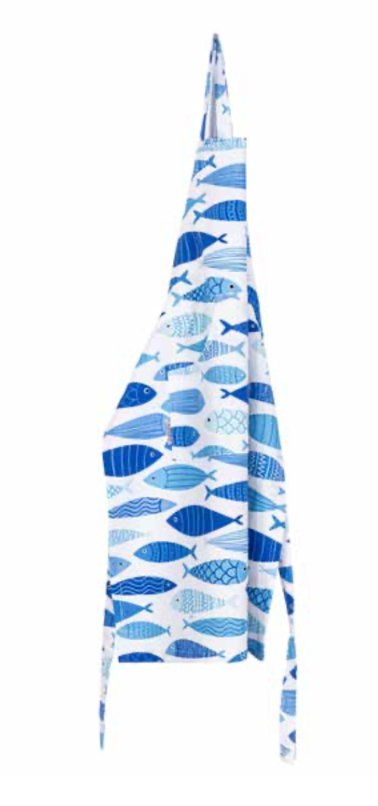 A Digitally Printed Marin Apron made by Minoa, with fish patterns on it