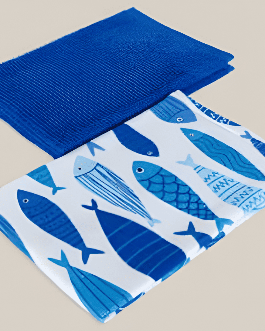 A Digitally Printed Marin towel made by Minoa, with fish patterns on it