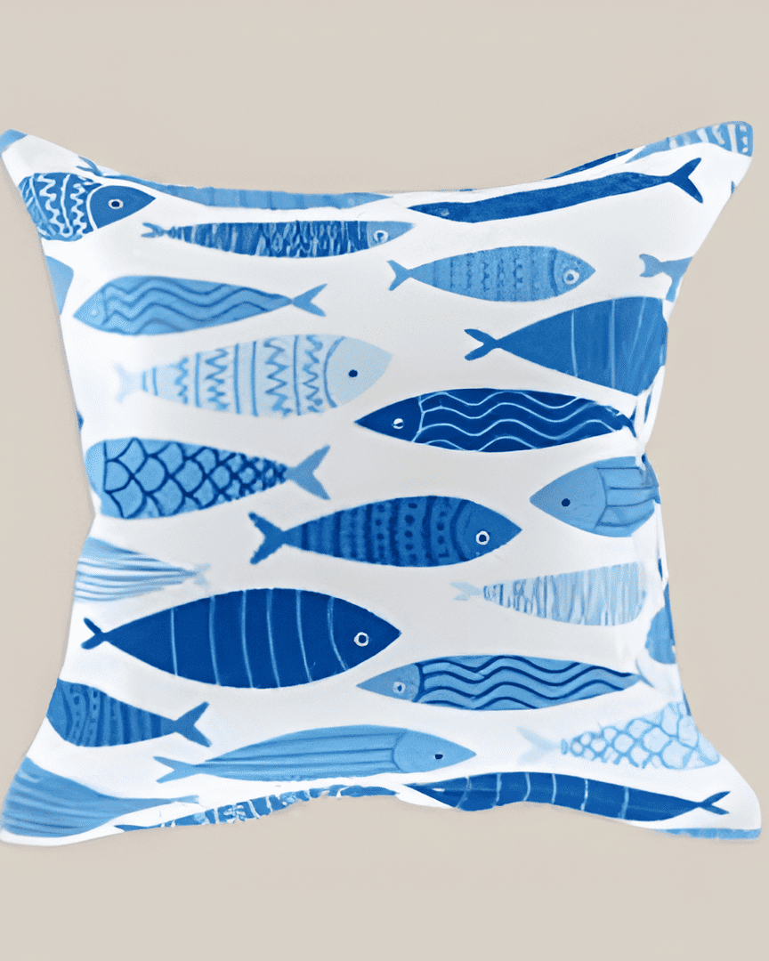 A Digitally Printed Marin Pillow Case made by Minoa, with fish patterns on it