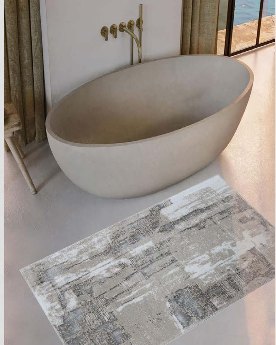 One White/Light Grey/Silver Bath Rug with modern accents, alongside two patterned Ecru/Beige/Gold Bath Rugs, each featuring elegant gold detailing