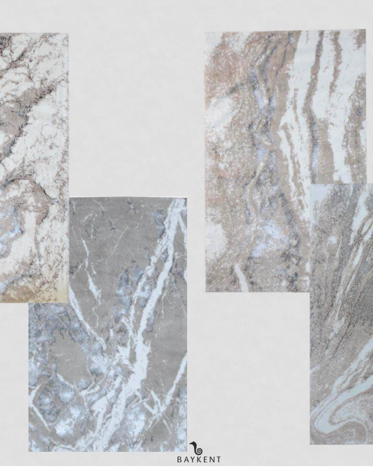 Four different patterns of White/Light Grey/Silver Bath Rugs, each showcasing a combination of white, light grey, and silver for a modern and stylish bathroom decor