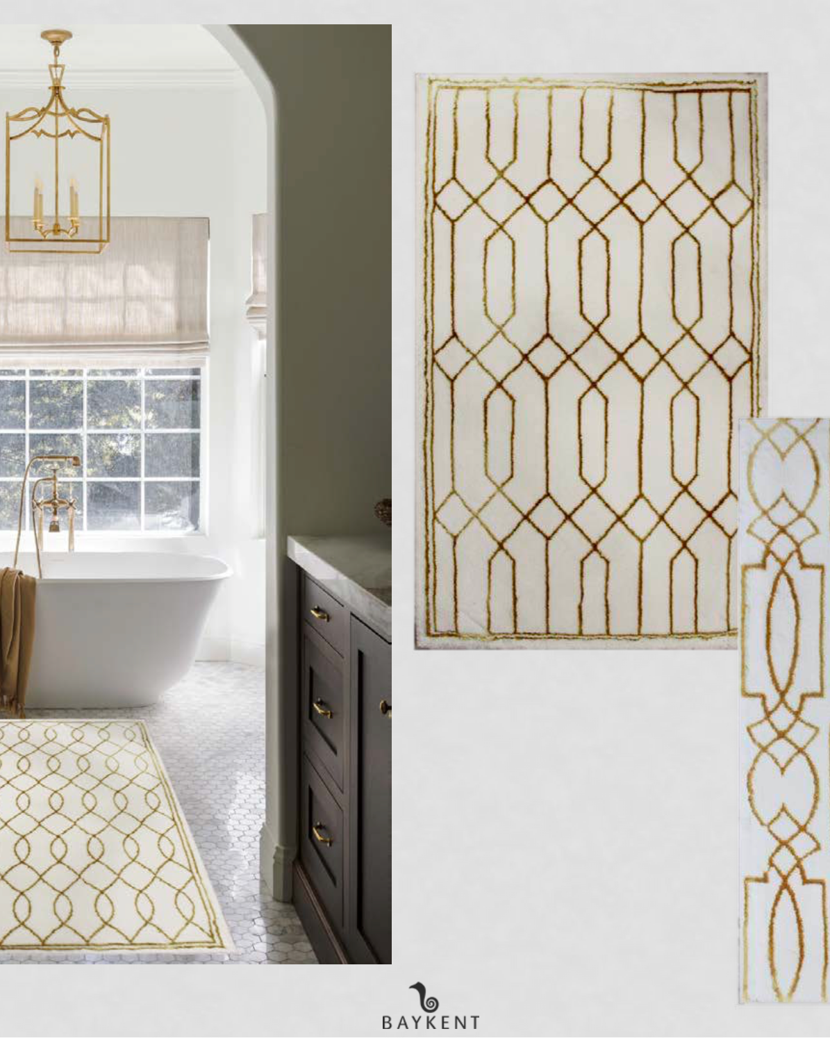 Two different patterns of Ecru/Beige/Gold Bath Rug, with one placed on the floor, featuring elegant gold accents and soft beige tones for a luxurious bathroom look