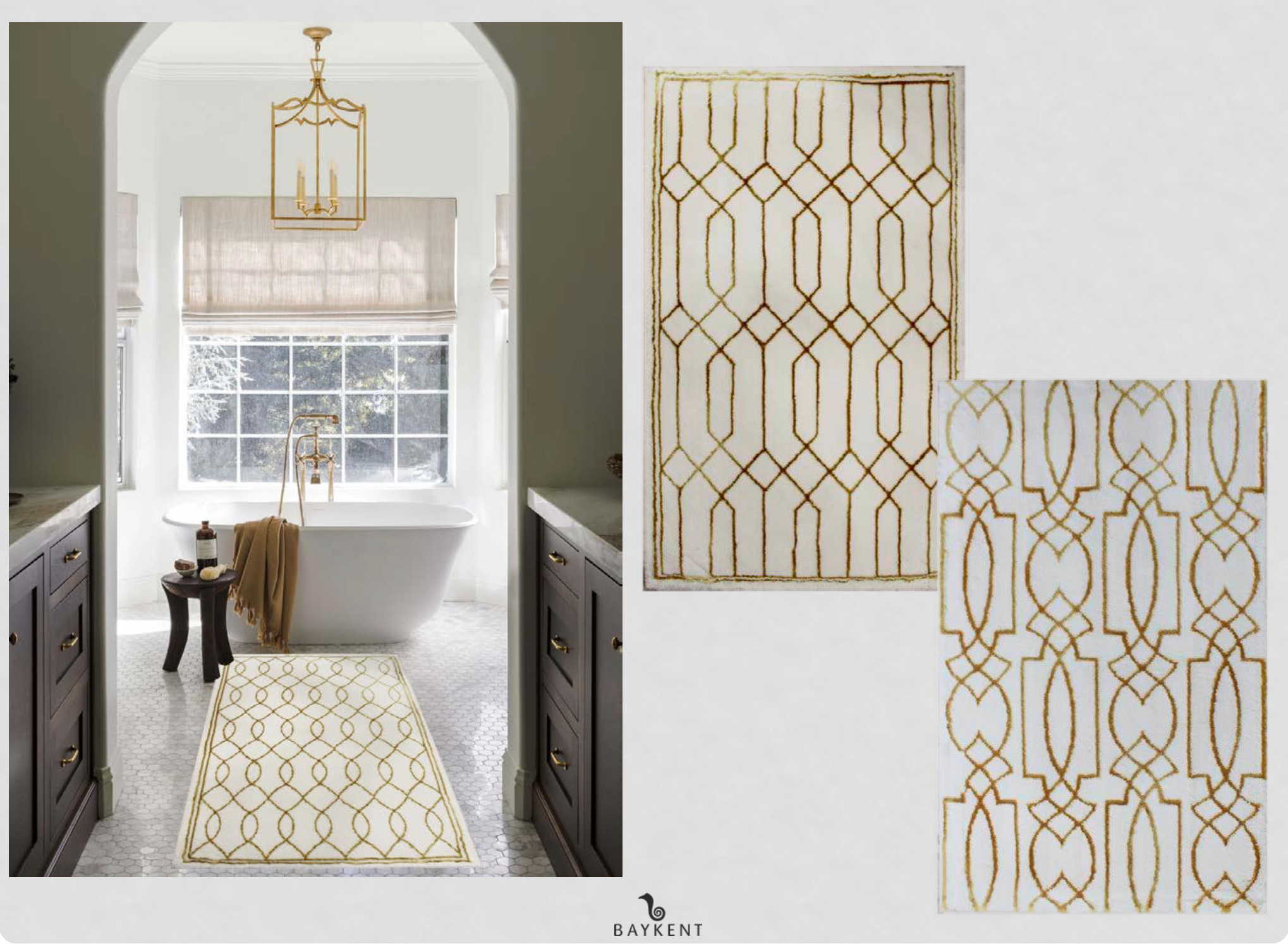 Two different patterns of Ecru/Beige/Gold Bath Rug, with one placed on the floor, featuring elegant gold accents and soft beige tones for a luxurious bathroom look
