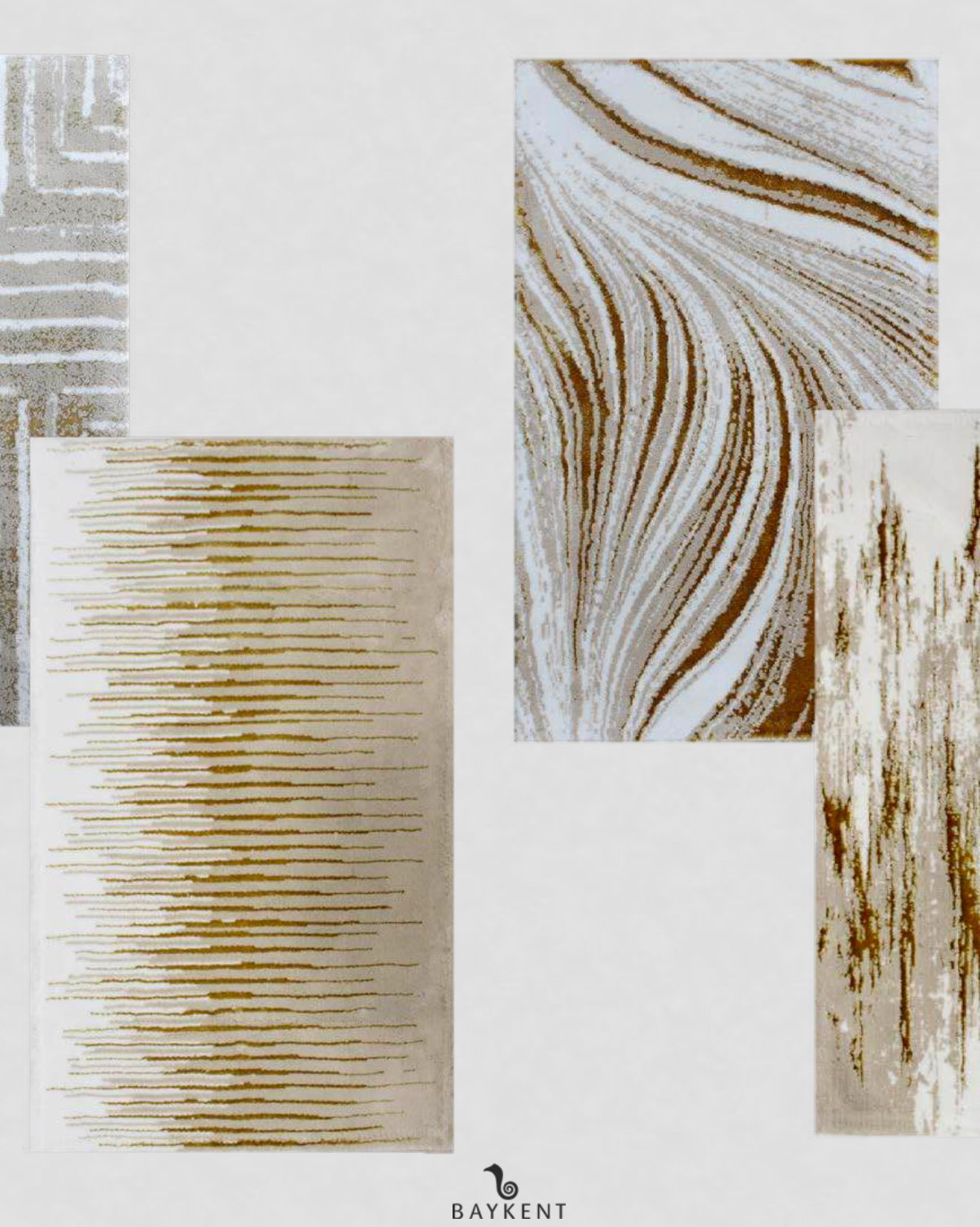 Four different patterns of Ecru/Beige/Gold Bath Rugs, each featuring luxurious gold accents and soft beige tones, showcasing a variety of elegant designs