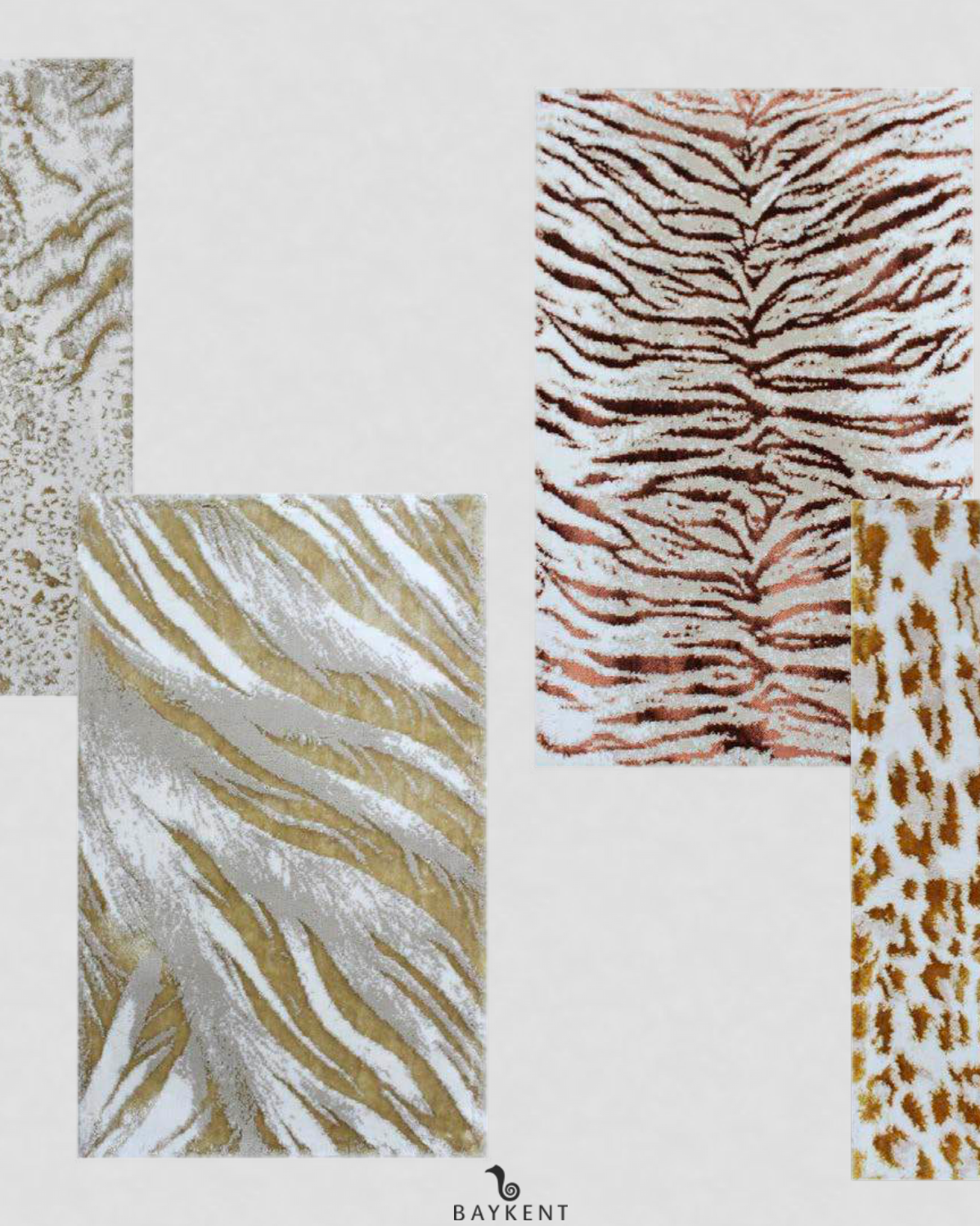 Four different Ecru/Beige/Gold Bath Rugs with animal patterns, each featuring luxurious gold accents and soft beige tones for a unique and stylish bathroom look