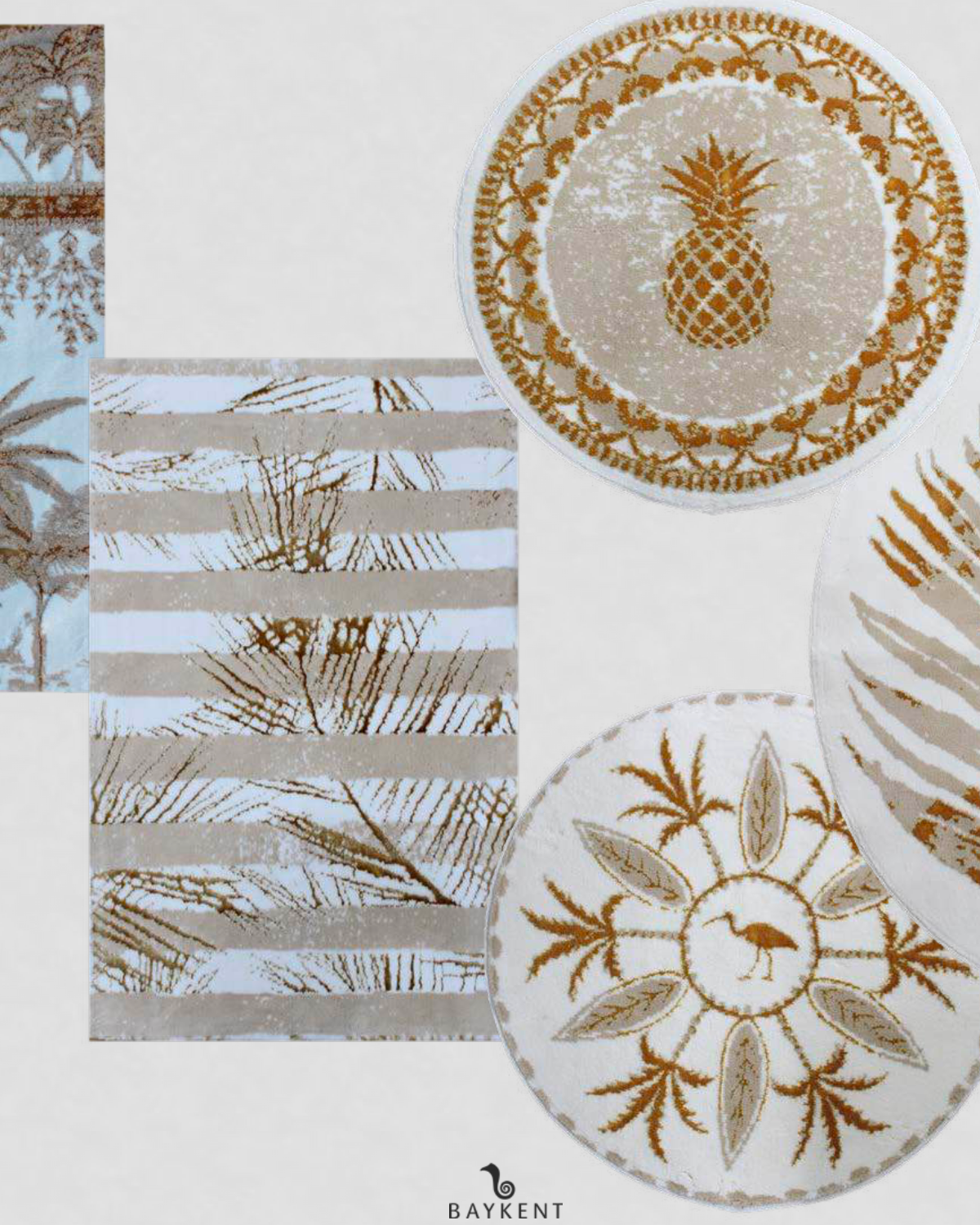 Five different Ecru/Beige/Gold Bath Rugs with leaf patterns, each showcasing elegant gold detailing and soft beige tones for a natural, sophisticated bathroom style