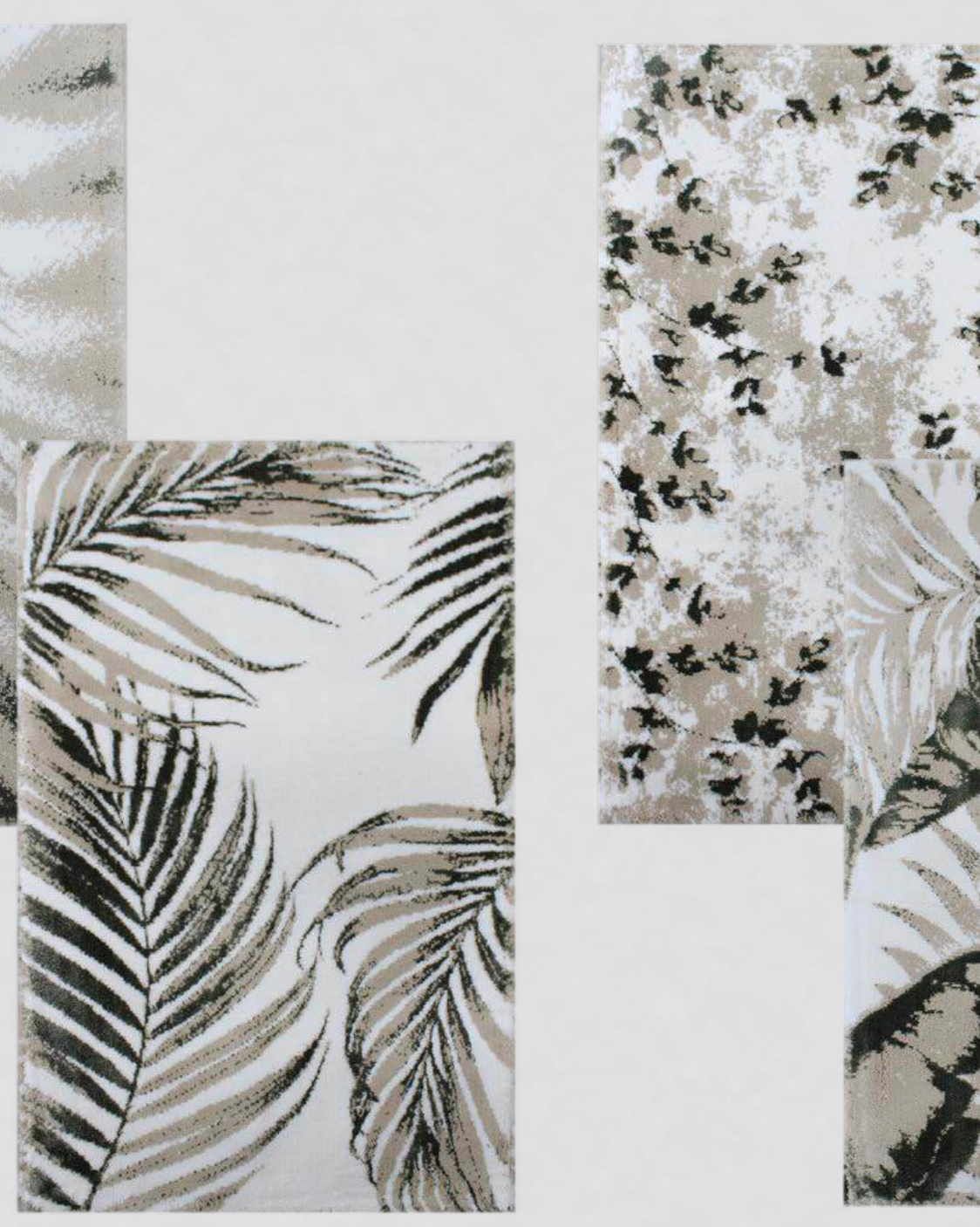 White/Dark Grey/Silver Bath Rug with four different leaf patterns, combining crisp white, deep grey, and silver accents for a modern, nature-inspired bathroom design