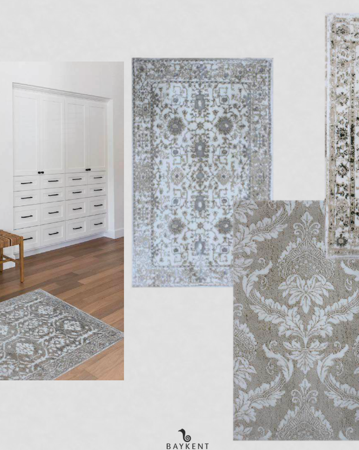 Three different White/Light Grey/Silver Bath Rugs, with one placed on the floor, each featuring soft tones and subtle silver accents for a clean, contemporary bathroom look