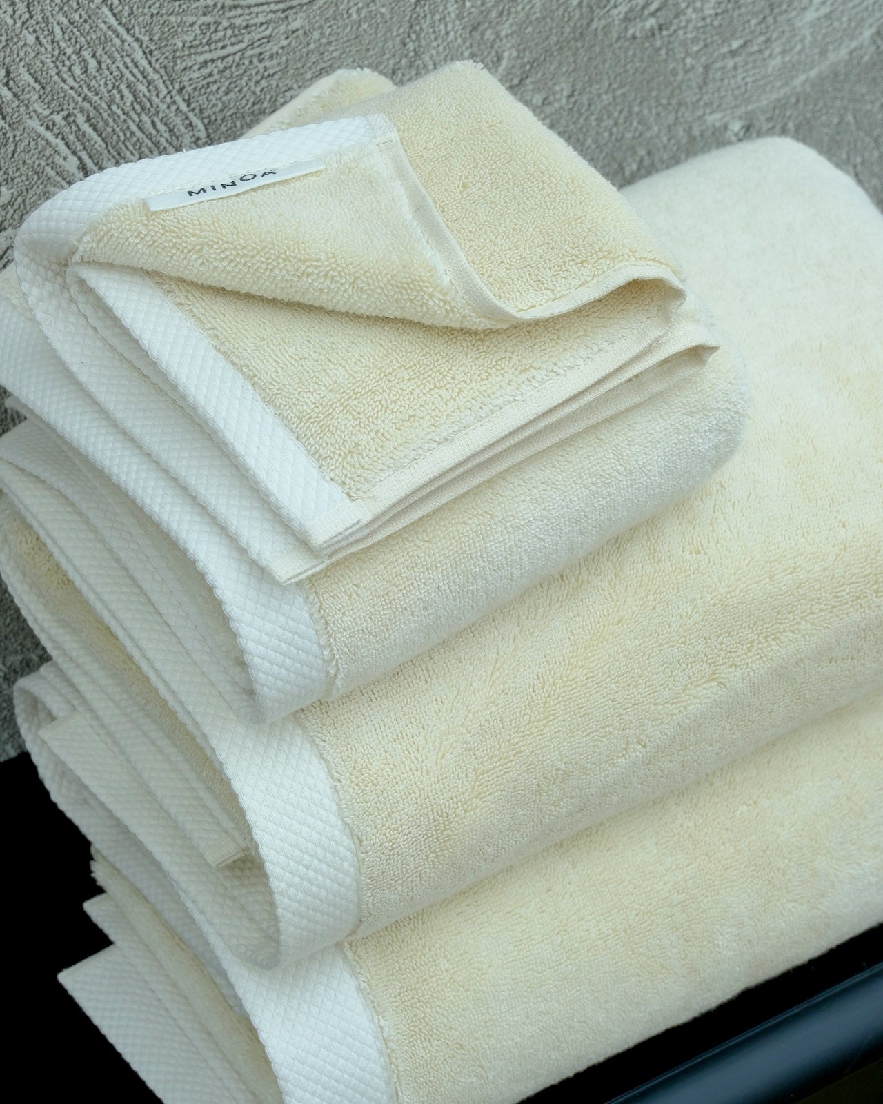 Monte Rosa organic bath towel in Raw Elegance color from Minoa USA Canada, a sustainable luxury bath towel woven from soft Aegean cotton