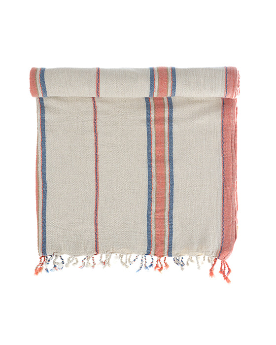 Baby Blue and Orange Elba Turkish Towel crafted from Aegean cotton and linen highlighting its eco-friendly and lightweight feel of organic and luxury bath towels