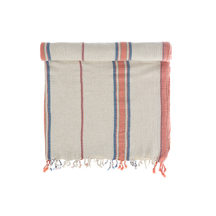 Baby Blue and Orange Elba Turkish Towel crafted from Aegean cotton and linen highlighting its eco-friendly and lightweight feel of organic and luxury bath towels