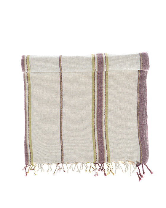 Apple Green and Purple Elba Turkish Towel crafted from Aegean cotton and linen highlighting its eco-friendly lightweight texture of organic and luxury bath towels