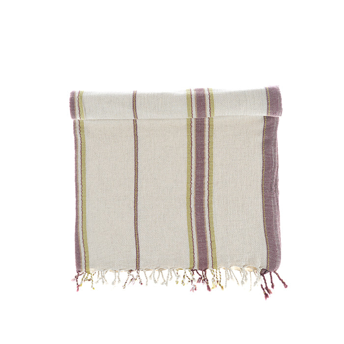Apple Green and Purple Elba Turkish Towel crafted from Aegean cotton and linen highlighting its eco-friendly lightweight texture of organic and luxury bath towels