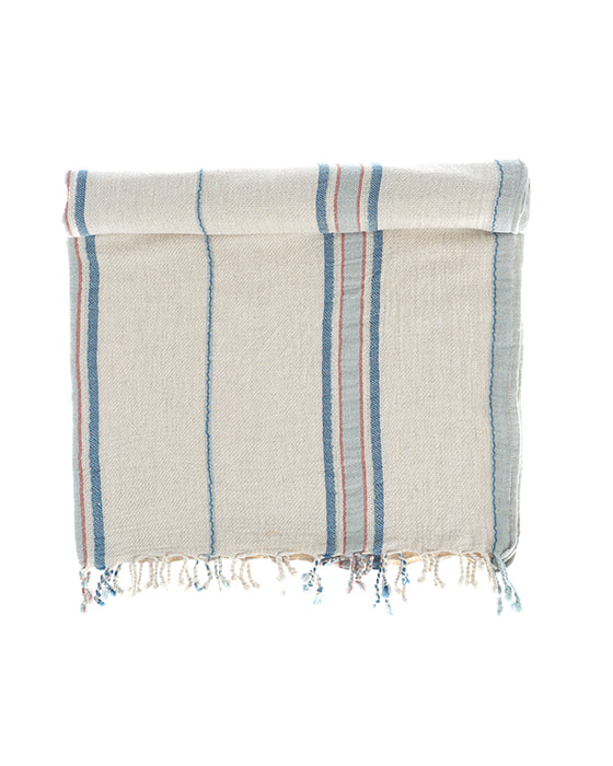 Coral and Blue Elba Turkish Towel crafted from Aegean cotton and linen highlighting its eco-friendly and lightweight feel of organic and luxury bath towels