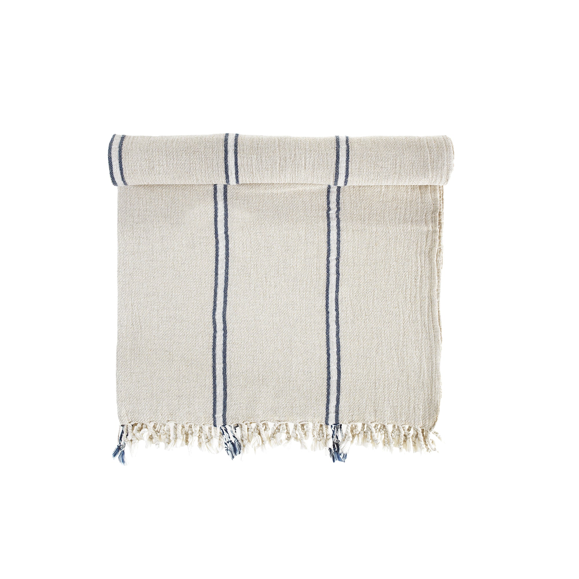 Beige towel with blue stripes and fringes on a white background