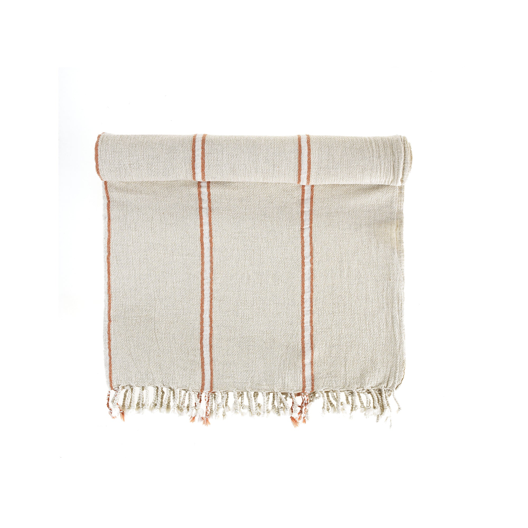 Beige towel with brown stripes and fringes on a white background