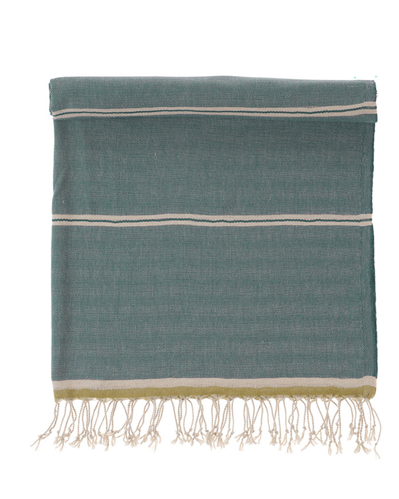 Towel with white stripes and fringes on a white background