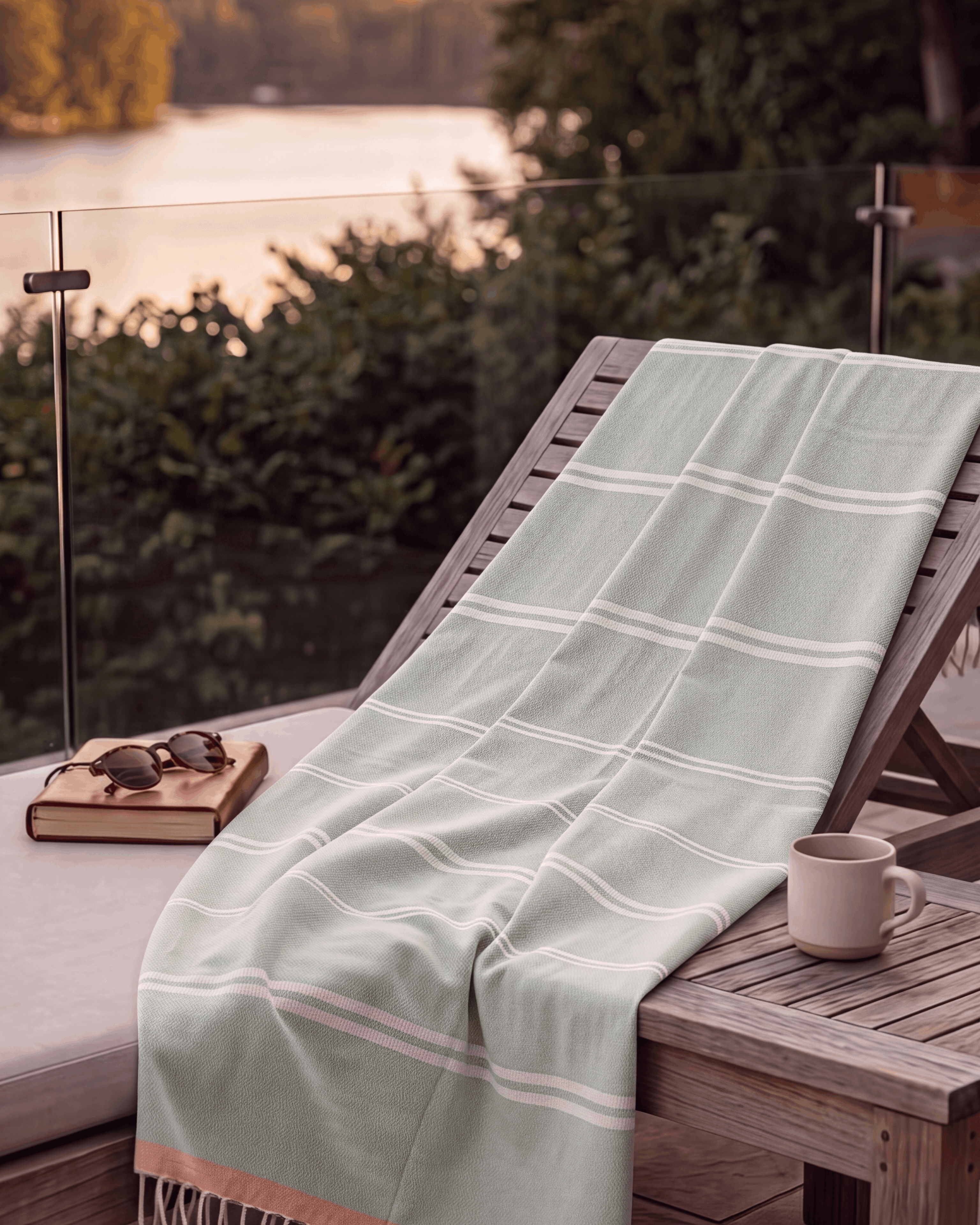 A pale mint green beach towel with white windowpane plaid lines and cream fringe, draped over a wooden lounge chair on a patio overlooking a lake at sunset.