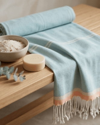 Light blue towel with fringe on a wooden surface with a bowl and soap.