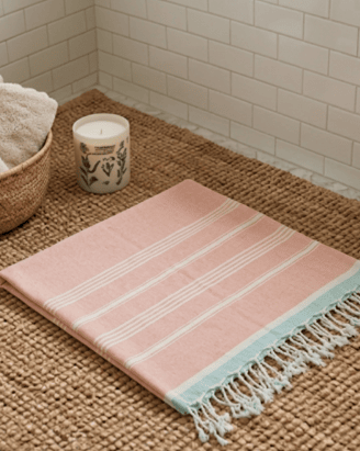 Pink towel with white stripes and fringes on a woven mat in a bathroom setting.
