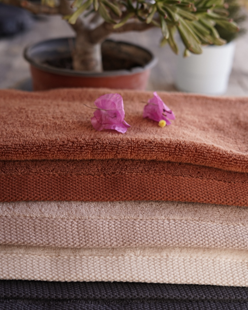 Plush Lite 500-Gram Aegean Cotton luxury bath towels in Cinnamon Charm, Honey Latte, Moonlight Pearl, and Charcoal Delight, neatly folded with a plant background, showcasing their soft texture and vibrant colours.