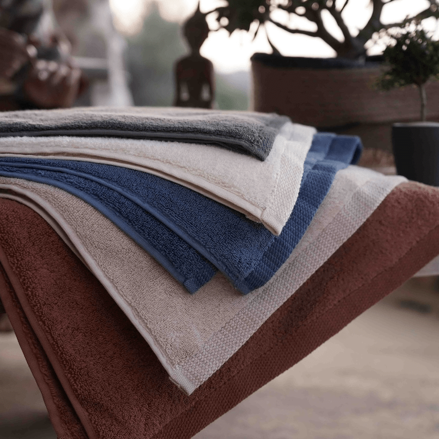 Plush Lite 500-Gram Aegean Cotton Large Organic Bath Towels in Moonlight Pearl, Honey Latte, Charcoal Embrace, Blue Velvet, Cinnamon Charm, and Pure n Raw, fully laid out to showcase their soft texture and range of elegant colours