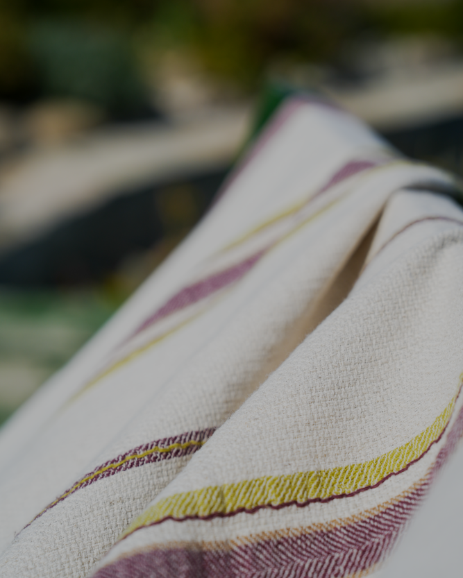 Close-up shot of luxury and organic Apple Green & Purple Elba Turkish Towel hanging on a cloth hanger