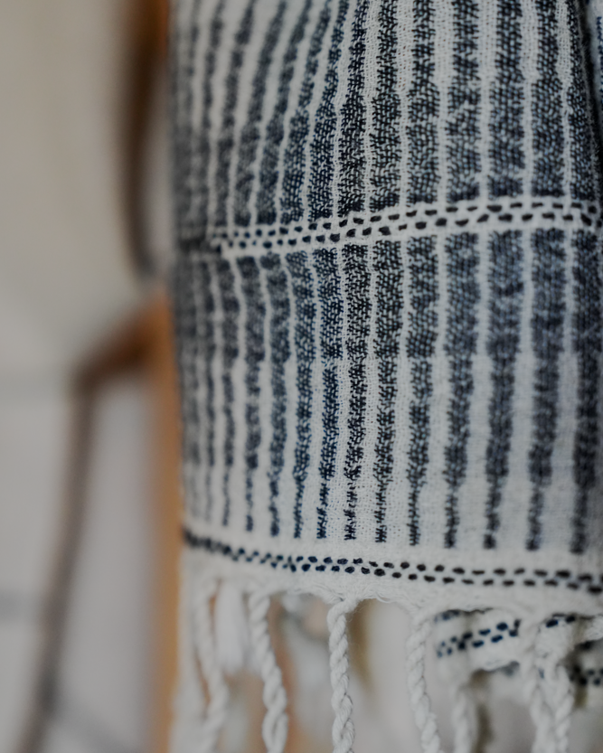 Close-up of Minoa's luxuriously soft, sustainable organic Palawan 220-gram linen Turkish bath towel in black, highlighting plush texture and premium quality