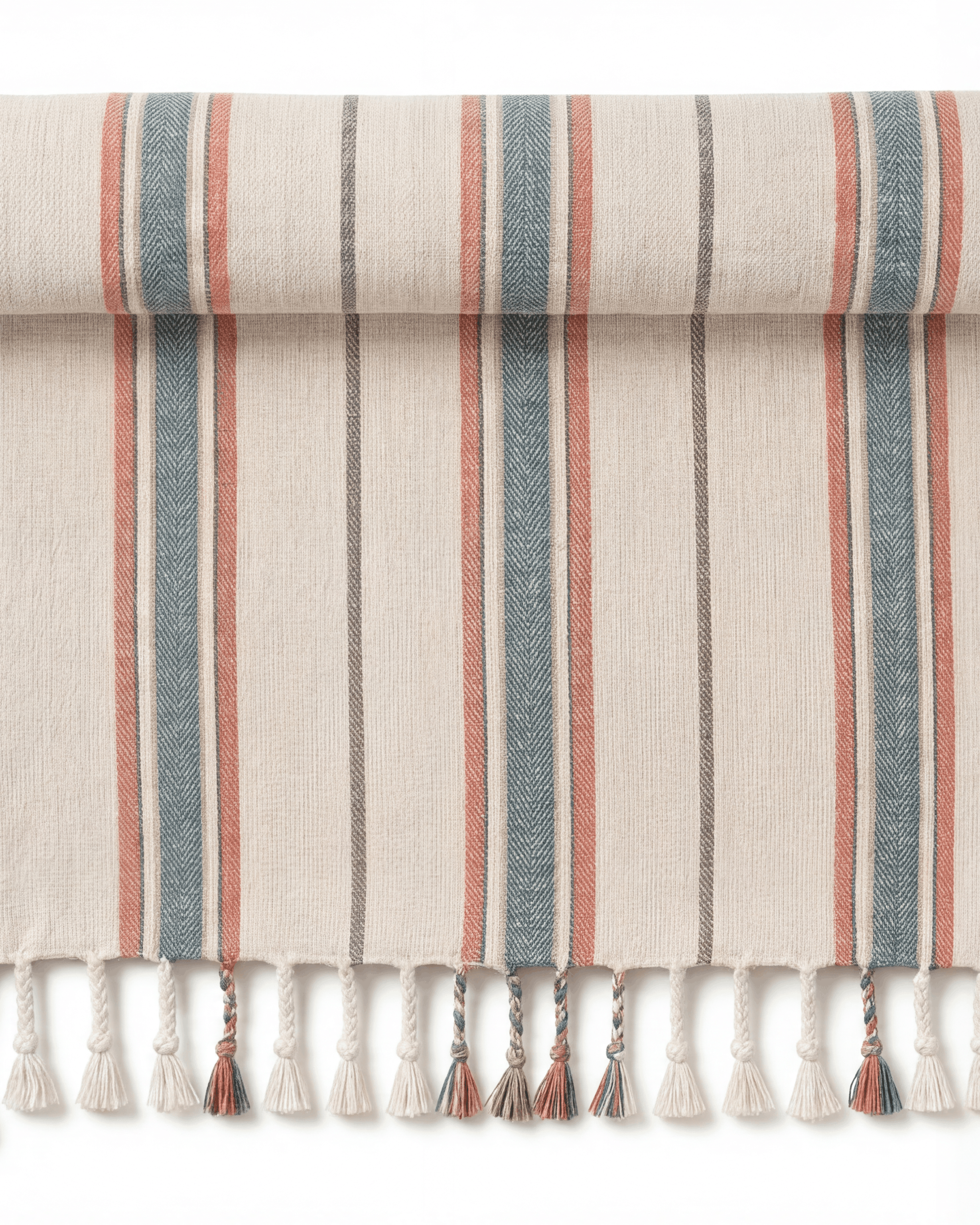 A rolled-up woven towel with vertical stripes in muted blue-gray, terracotta, and cream, finished with fringe tassels along the bottom edge, shown on a plain white background.
