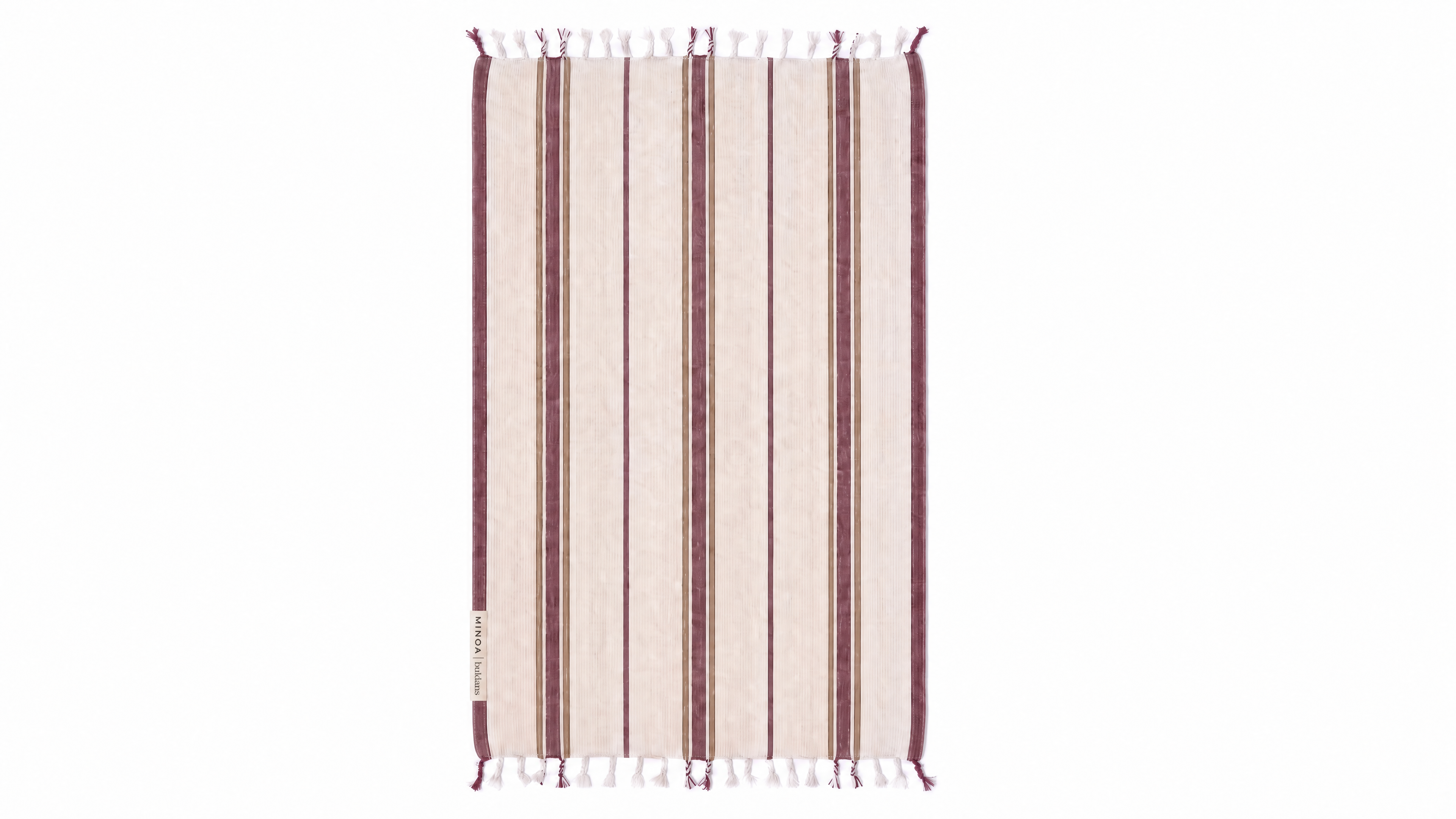 A rectangular woven towel with vertical stripes in cream, dusty rose, and dark burgundy, finished with white fringe tassels on the top and bottom edges.