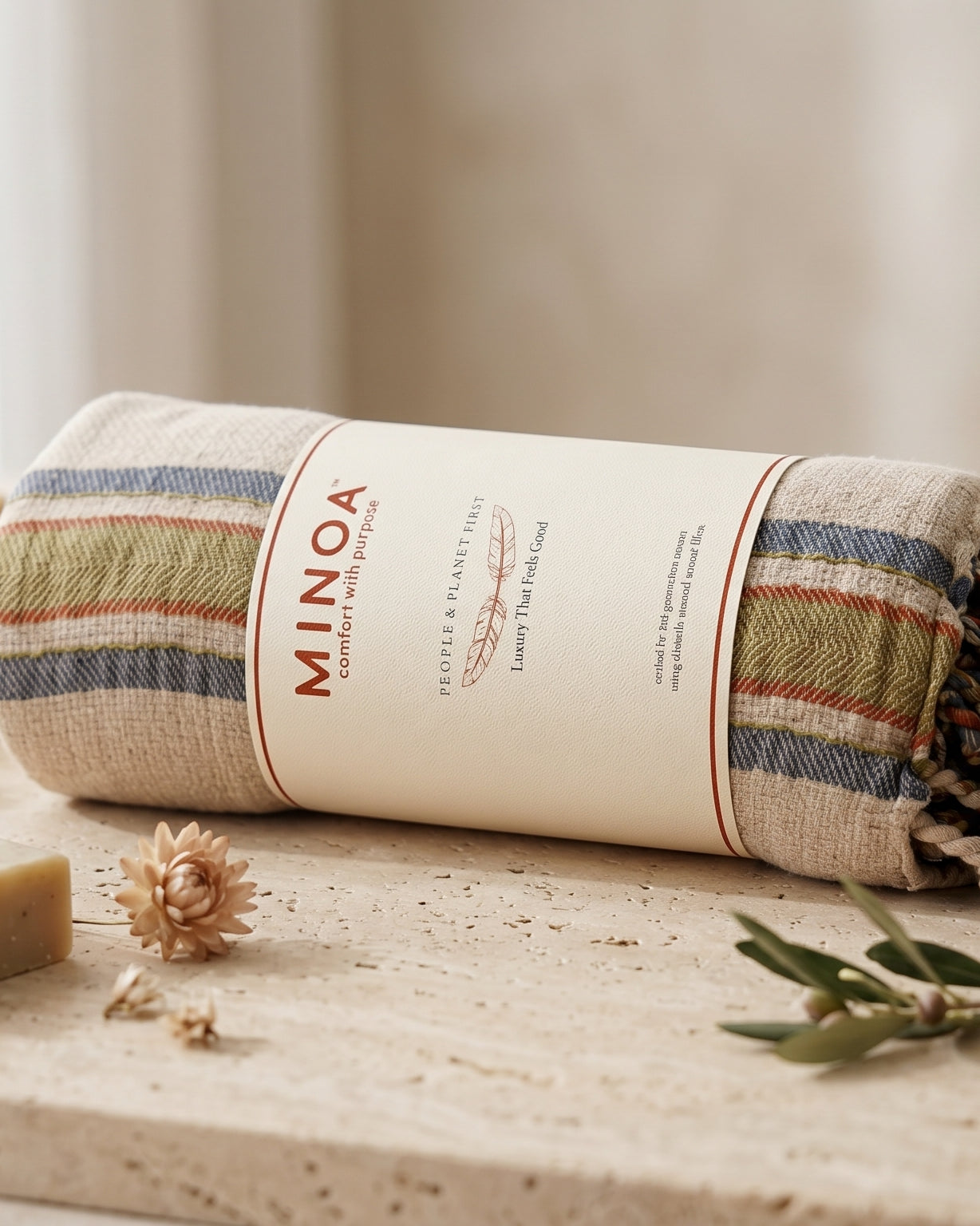A rolled towel with fringe and a cream paper band reading MINOA, styled on a stone surface with soap bars, dried flowers, and shells in a soft neutral setting.