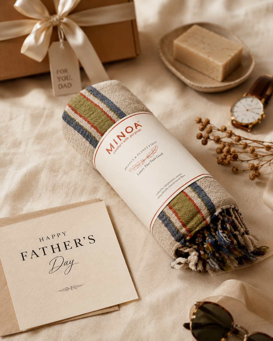 A rolled towel with fringe and a cream paper label reading MINOA, styled on beige fabric with a gift box, soap, watch, dried flowers, sunglasses, and a Father's Day card.