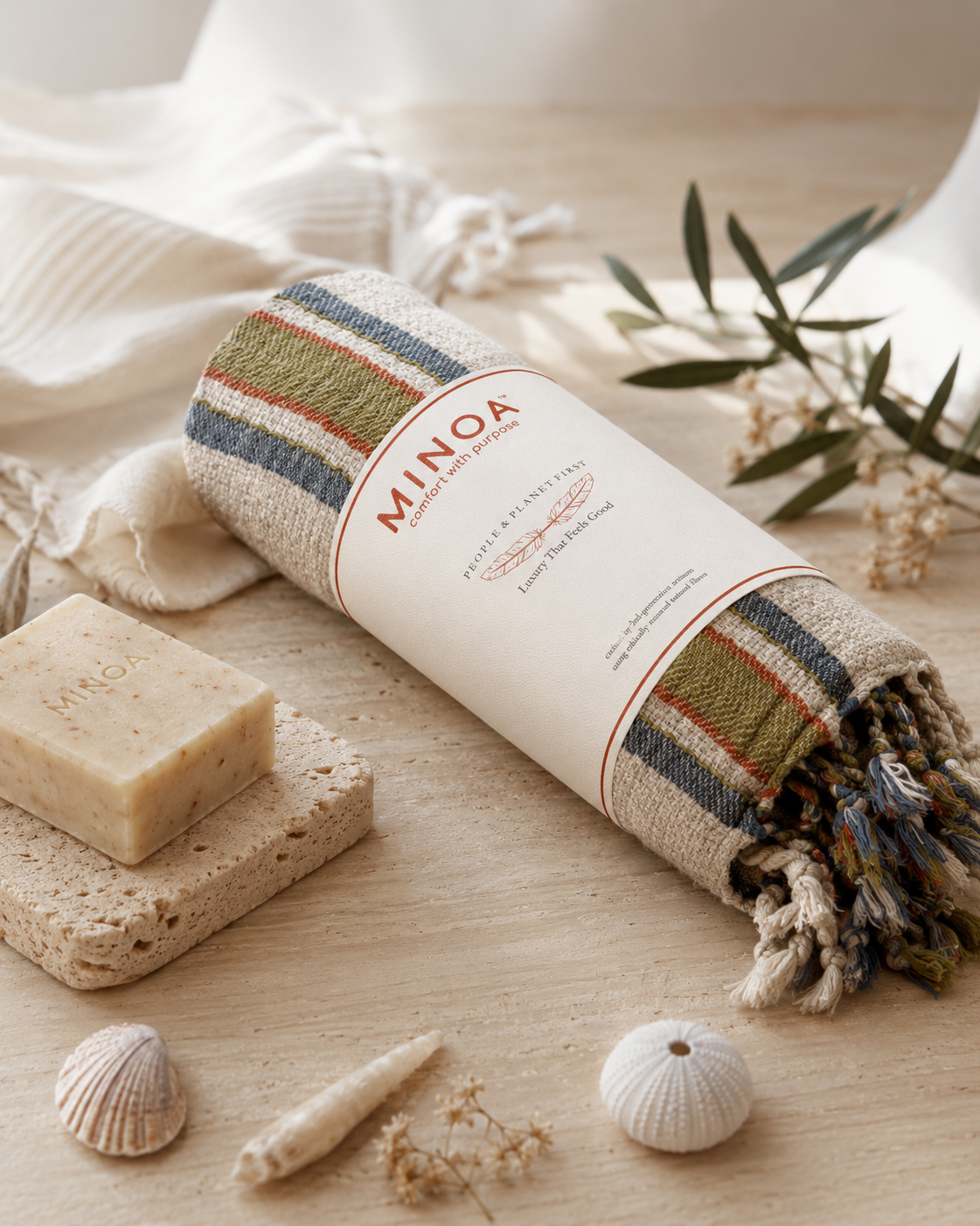 A rolled beige woven towel with striped blue, olive green, and rust accents, wrapped in a paper band labeled MINOA. It is styled on a light wood surface with a bar of soap, a sponge, and seashells.