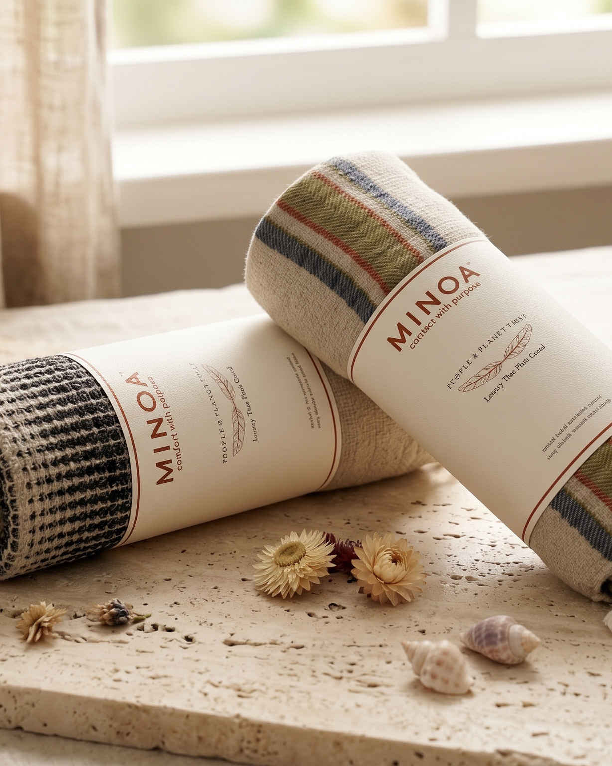 Two rolled MINOA towels with striped cream, green, and blue patterns are displayed on a rustic stone surface with dried flowers, lavender, and soap bars in a warm, natural setting.