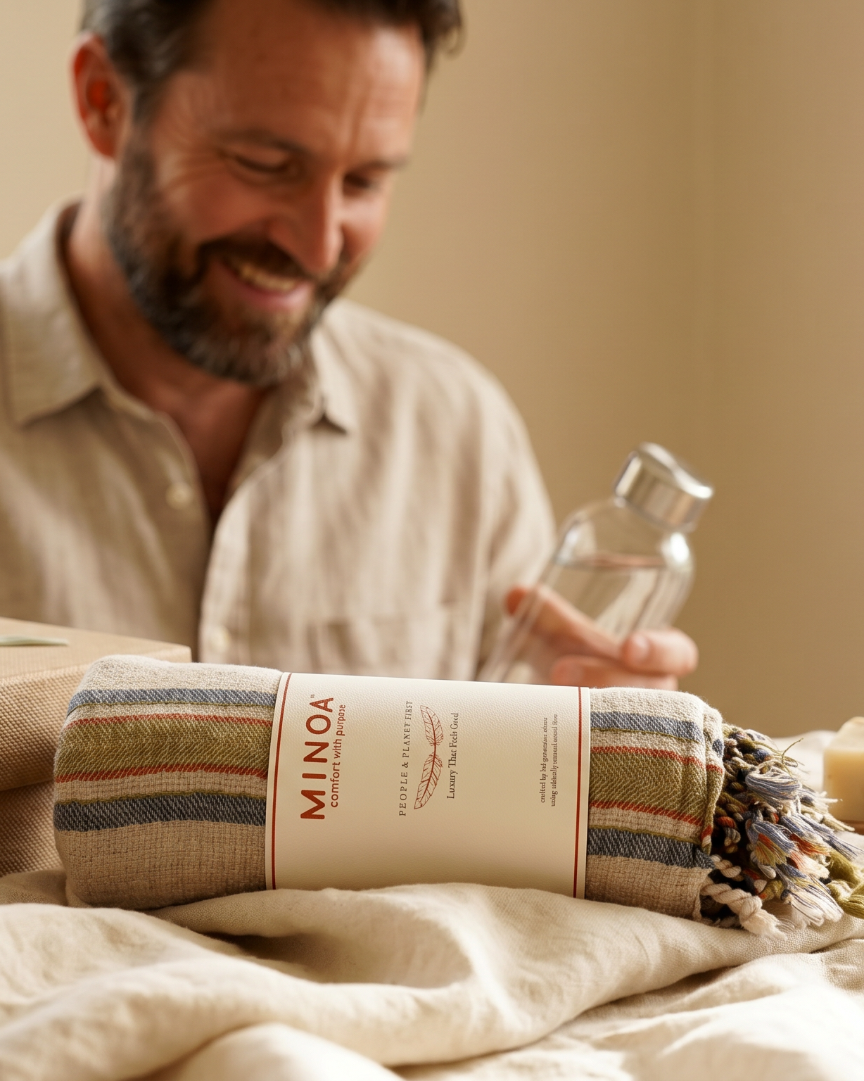 A man in a beige shirt is shown in a warm, softly lit room holding a clear glass bottle. In the foreground on a bed, a wrapped Mingo gift box, a striped towel, a bar of soap, and a small card reading 'Happy Father's Day' are arranged.
