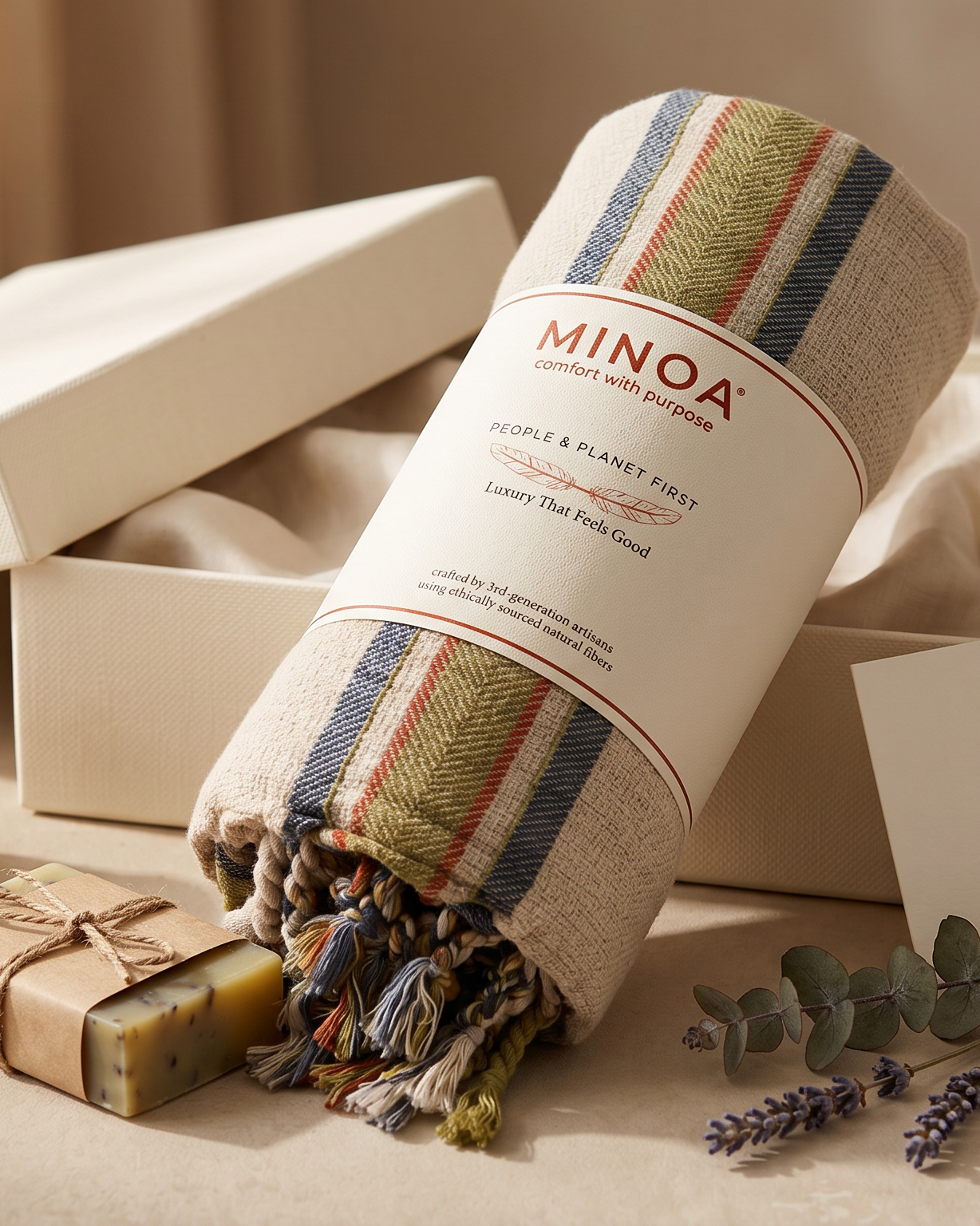 A Minoa woven towel with a striped pattern in beige, green, blue, and orange, presented in an open gift box with a 'For You' card, ribbon, soap, and eucalyptus sprigs on a neutral beige surface.