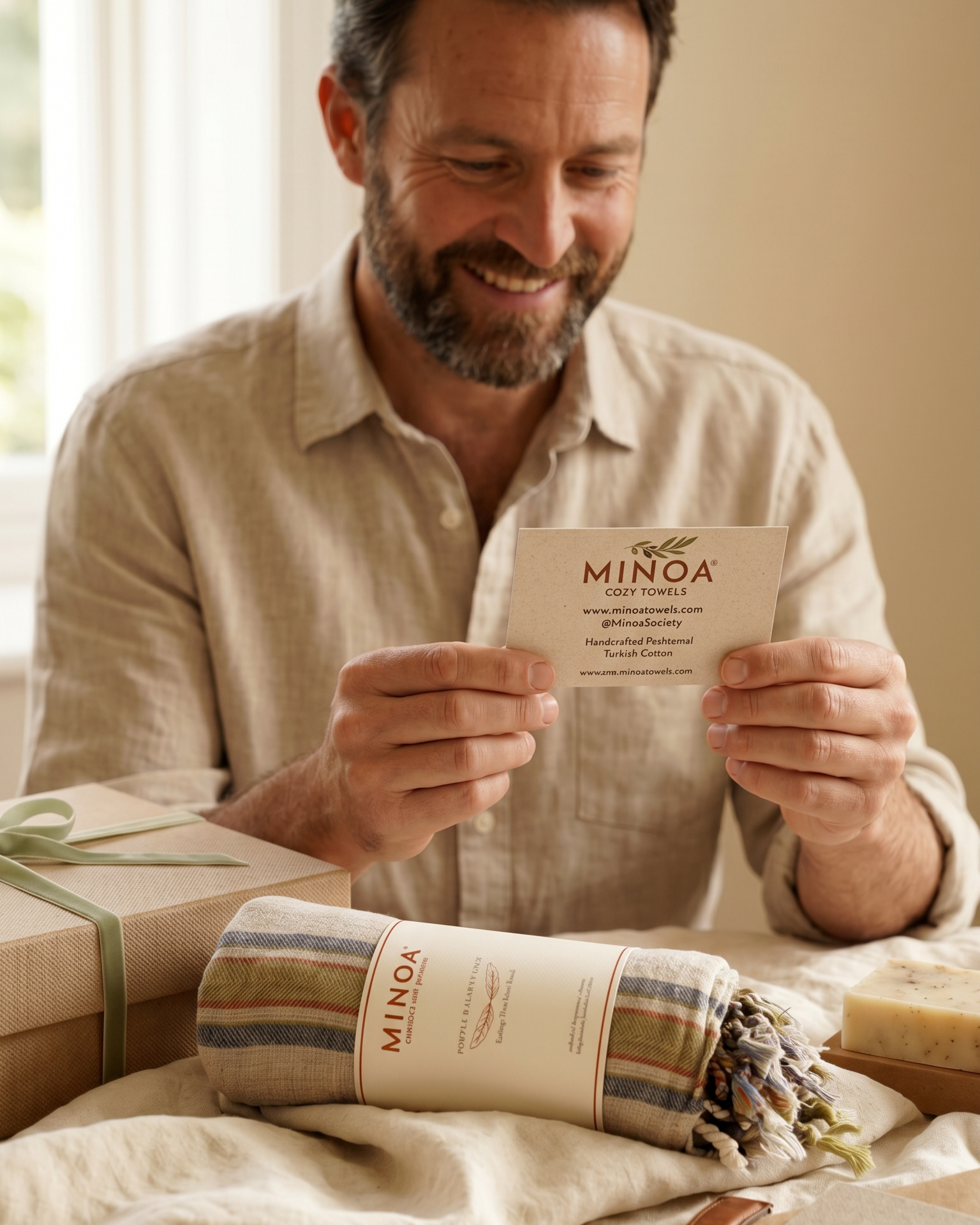 A man in a beige linen shirt smiles while holding a Minoa gift card, with a wrapped Minoa gift box and a towel on a bed in a softly lit room.