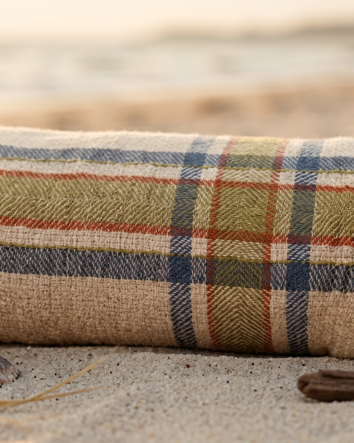 A rolled woven beach towel with a plaid pattern in beige, olive green, navy blue, and rust red, resting on a sandy beach next to a small seashell and driftwood.