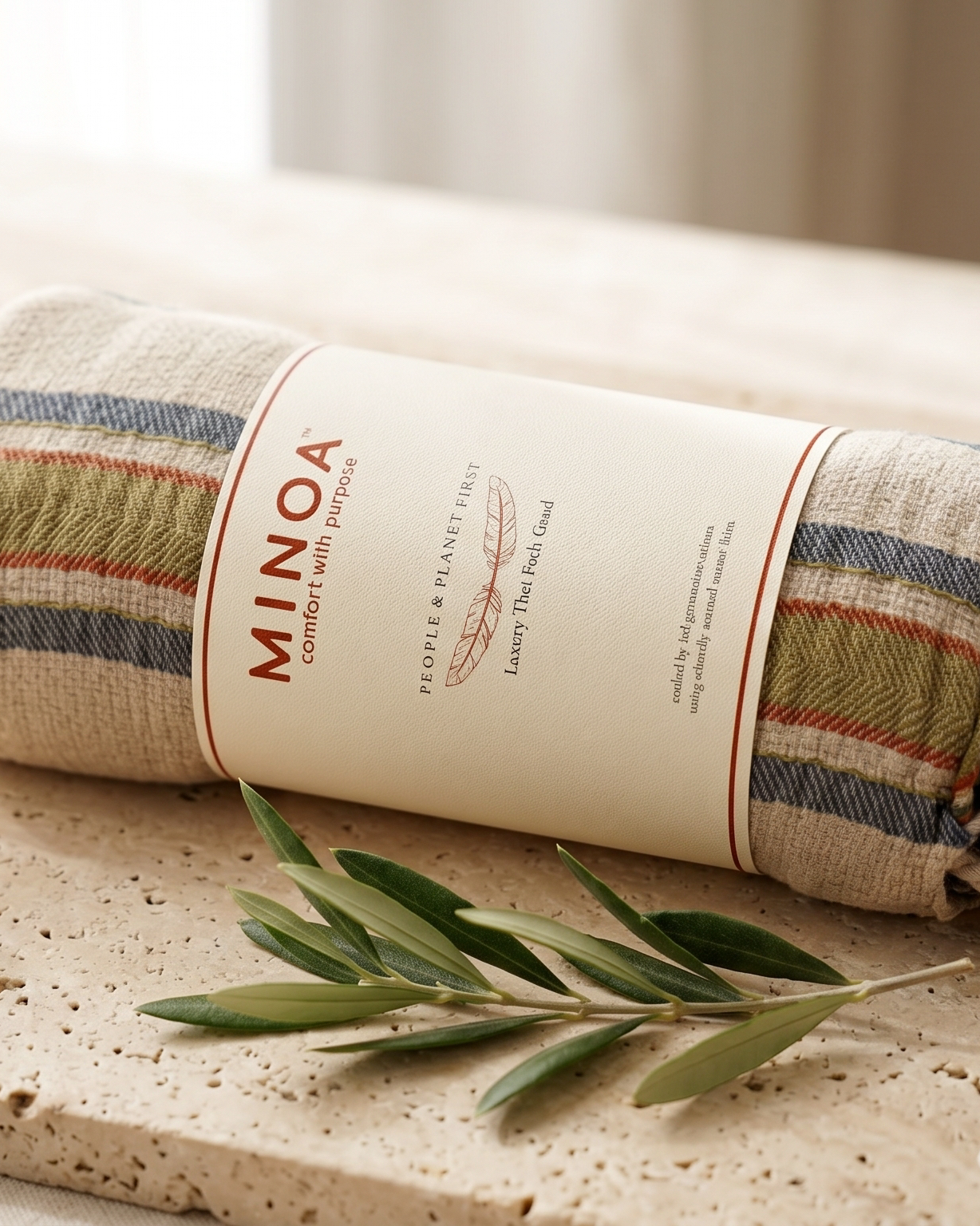 A rolled cotton towel with a cream paper band label reading MINOA, styled on a stone surface with soap, shells, dried flowers, and greenery.