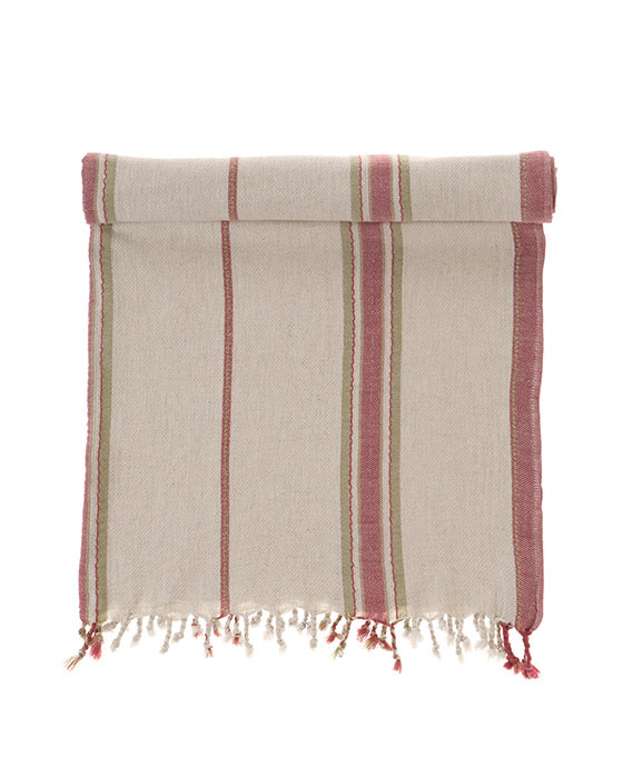 Striped, red & green, towel with fringes on a white background