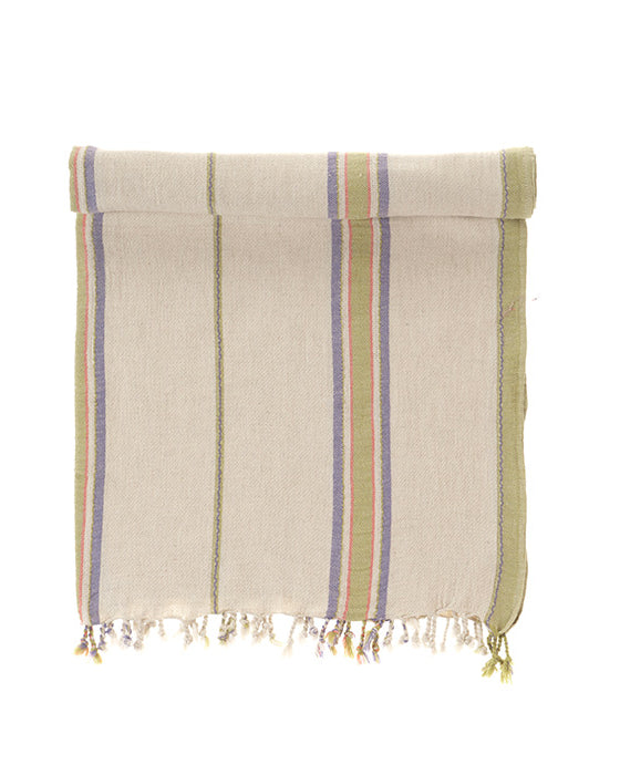 Beige, lime & blue, towel with colorful stripes and fringes on a white background