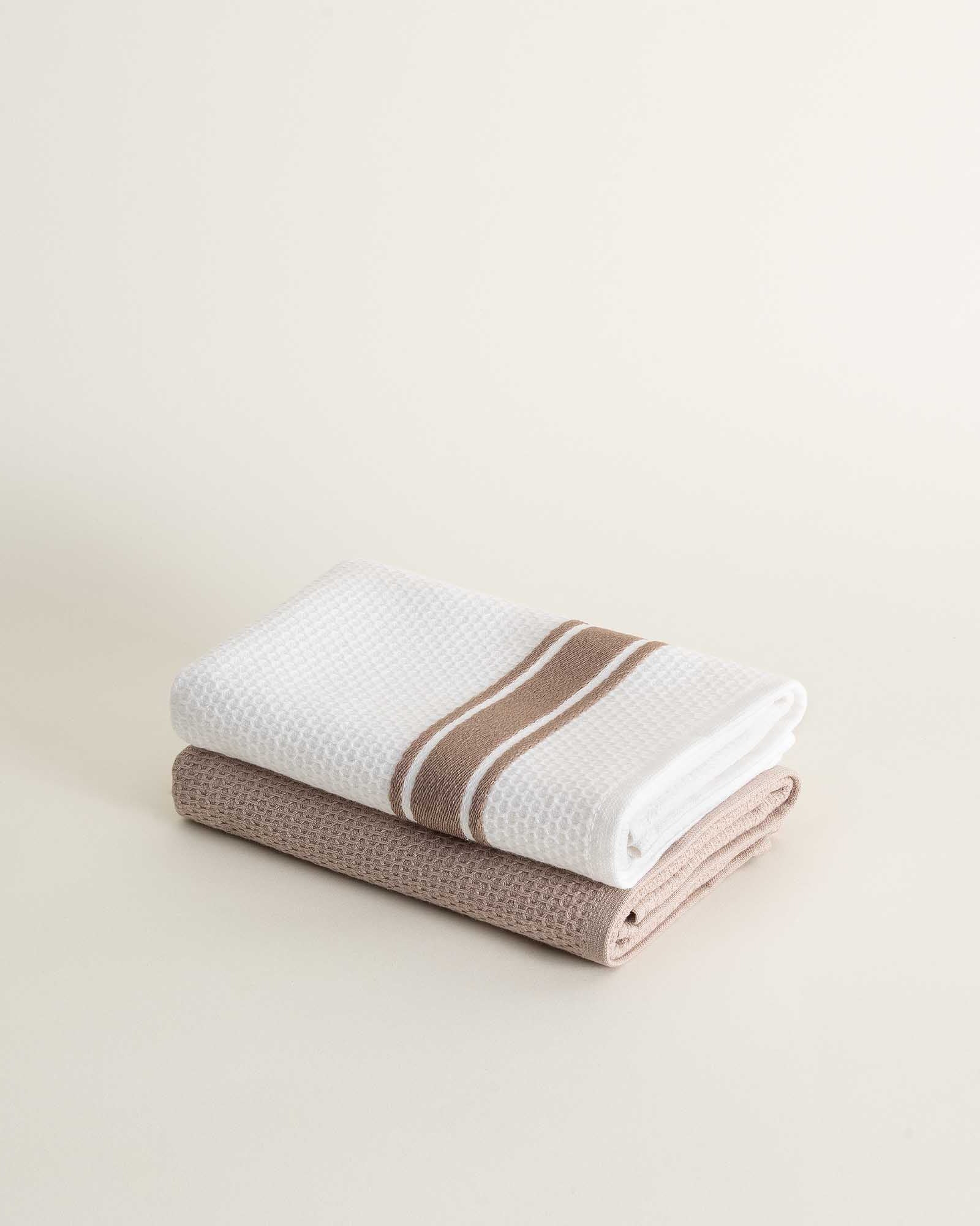 Elvin Organic Aegean Cotton Kitchen Towel set of 2 in Vanilla Embrace, neatly folded, highlighting its soft texture and warm, neutral colour
