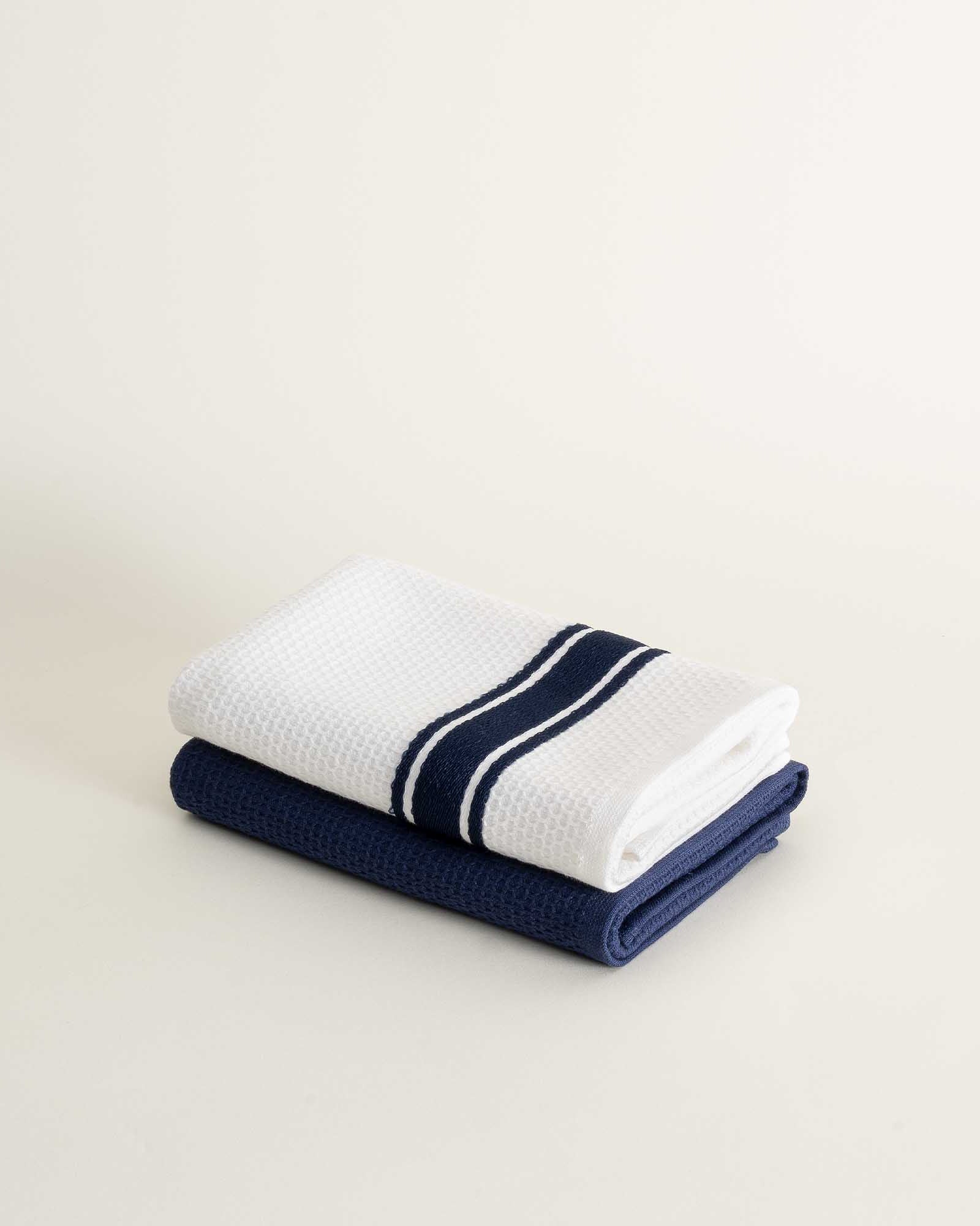 Elvin Organic Aegean Cotton Kitchen Towel set of 2 in Blue Velvet, neatly folded, showcasing its luxurious colour and soft, high-quality texture